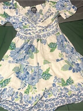 Angie White Dress with Blue Floral Print and Green Leaves